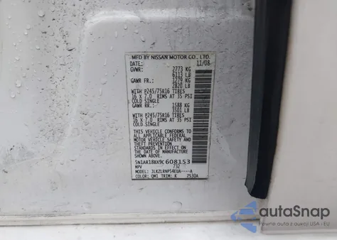 2009 Nissan Pathfinder S z USA, uszkodzony, nr VIN 5N1AR18BX9C608153